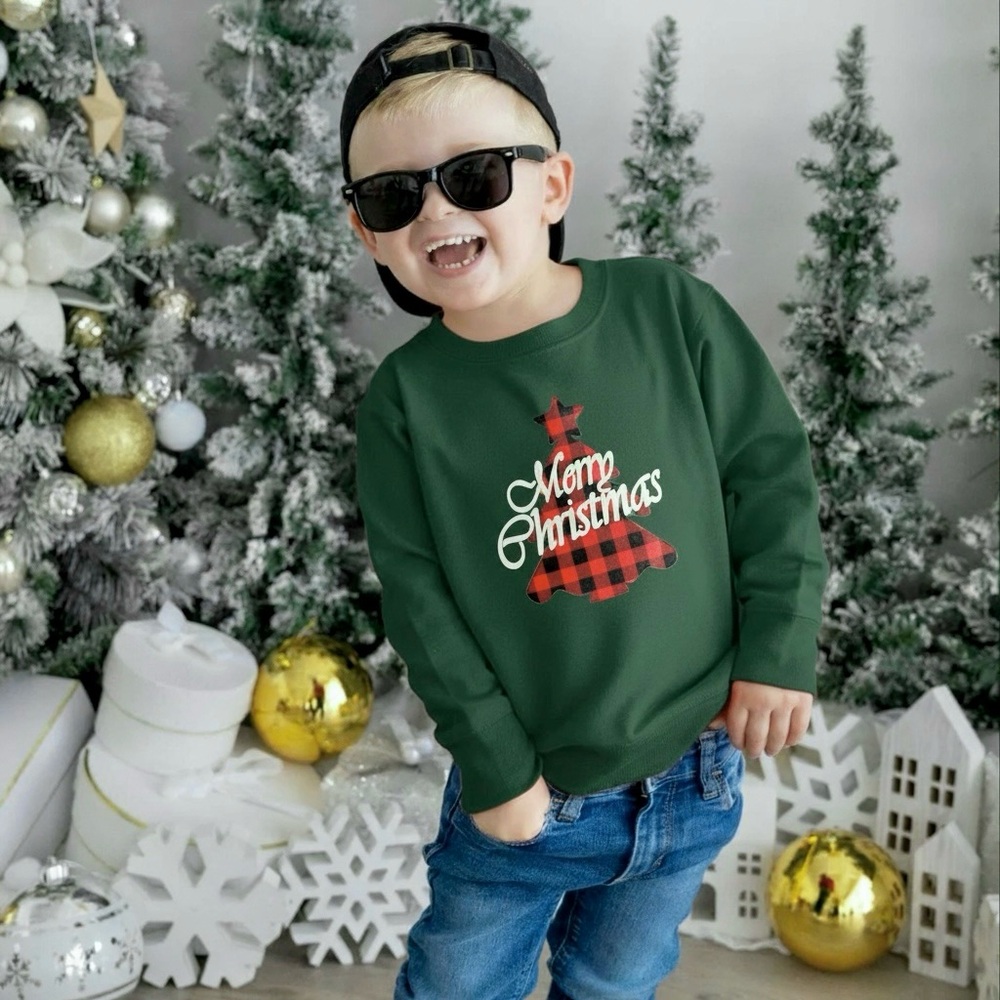 SHEIN Green Crewneck Sweatshirt Red Black Plaid Christmas Tree Merry Christmas”